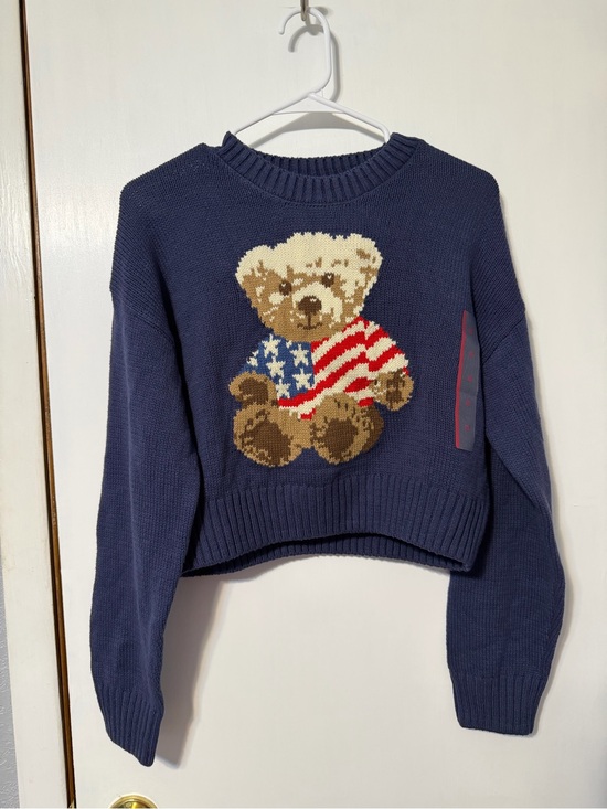 Grayson Threads Tops - Grayson Threads Navy Knit Teddy Bear Sweater with Red, White, Blue Accents